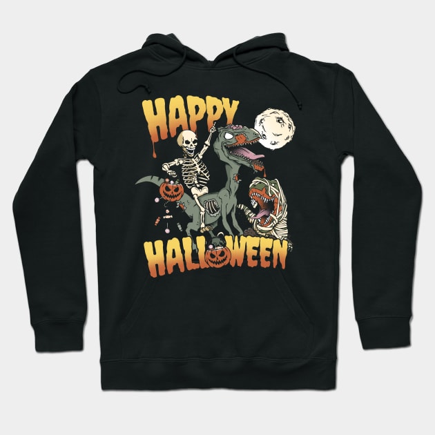 Skeleton Riding Zombie Dinosaur Happy Halloween Hoodie by NerdShizzle